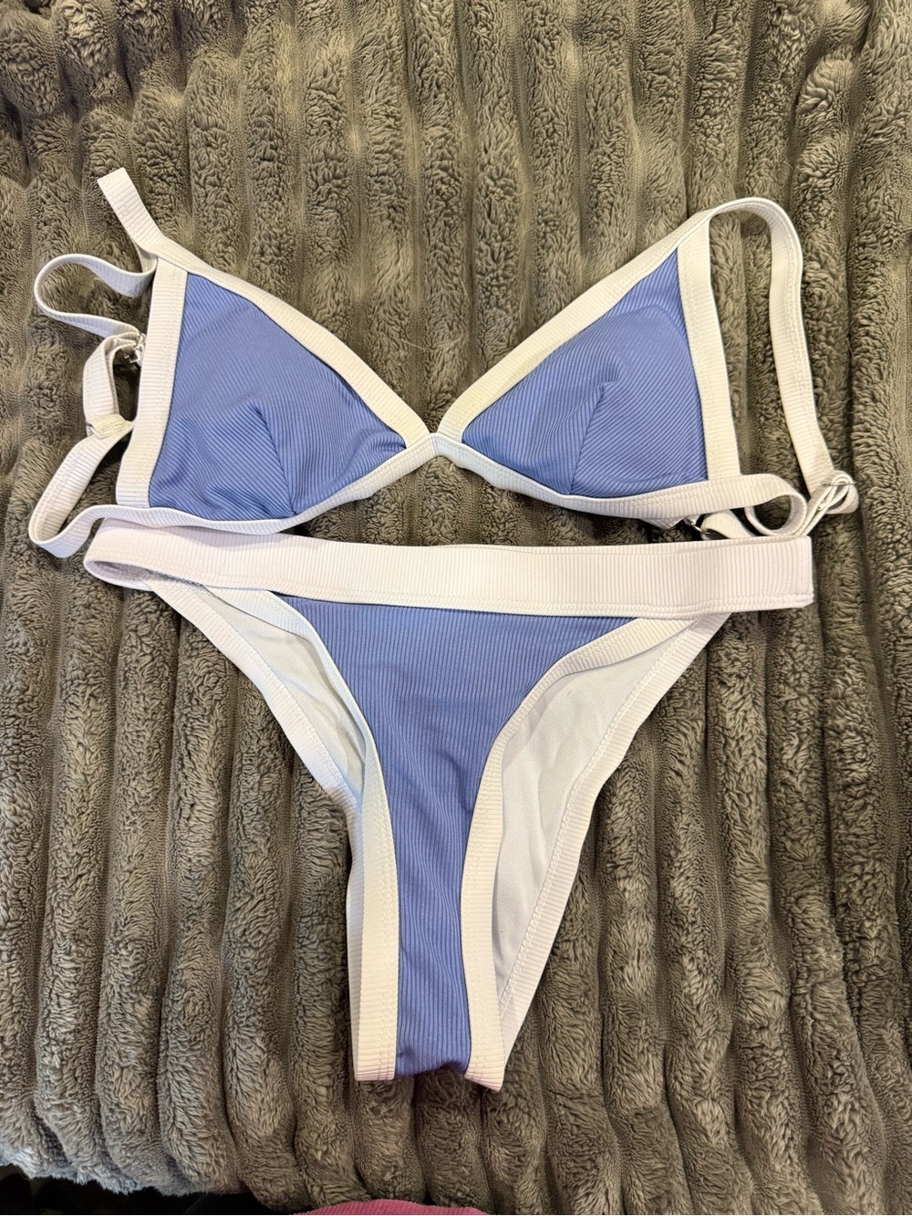 SHEIN Blue and White Ribbed Triangle Bikini Set